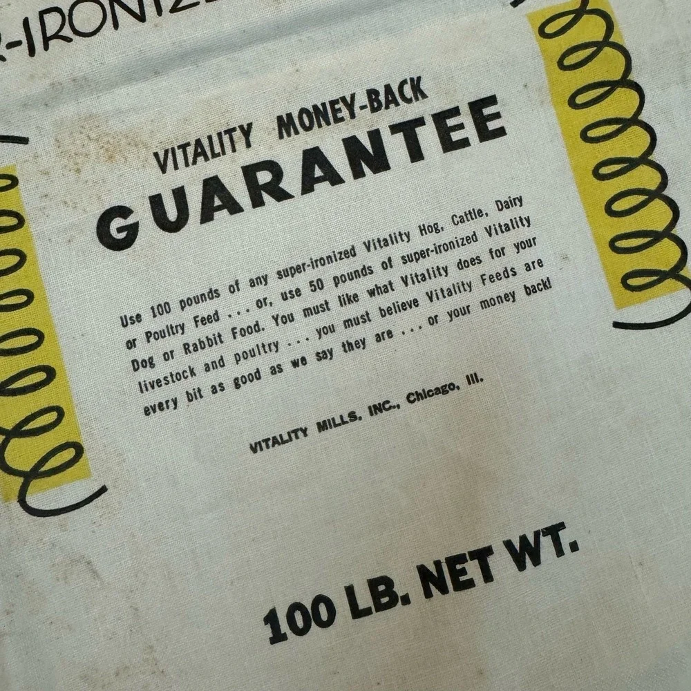 1950s Vitality Chicago Illinois 100 lbs Cattle feed bag canvas advertising decor